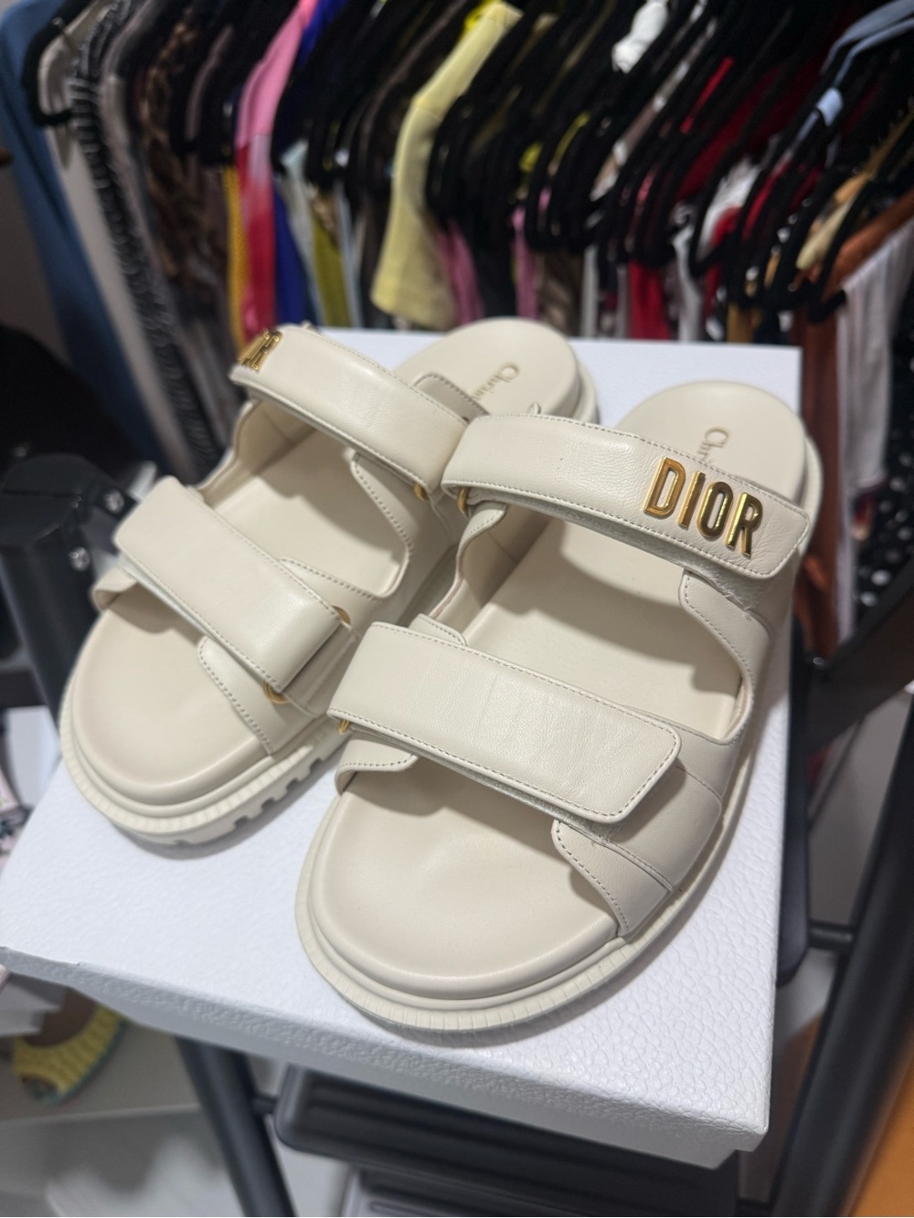 Dior Cream Leather Kids Logo Strap Sandals with Gold Hardware